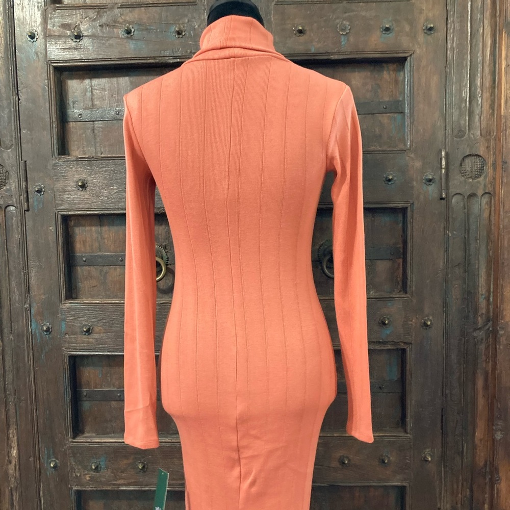 Salmon Bodycon Midi Dress Turtleneck Long Sleeve - Picture 3 of 6